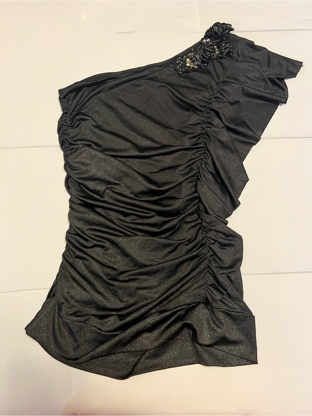 Vintage Y2K Studio Y Black Glitter Ruched One Shoulder Top with Rosette Beads S